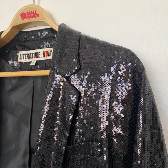 Literature Noir Black Sequin Blazer Formal Lined Pockets Open Front Women's M - Picture 5 of 13